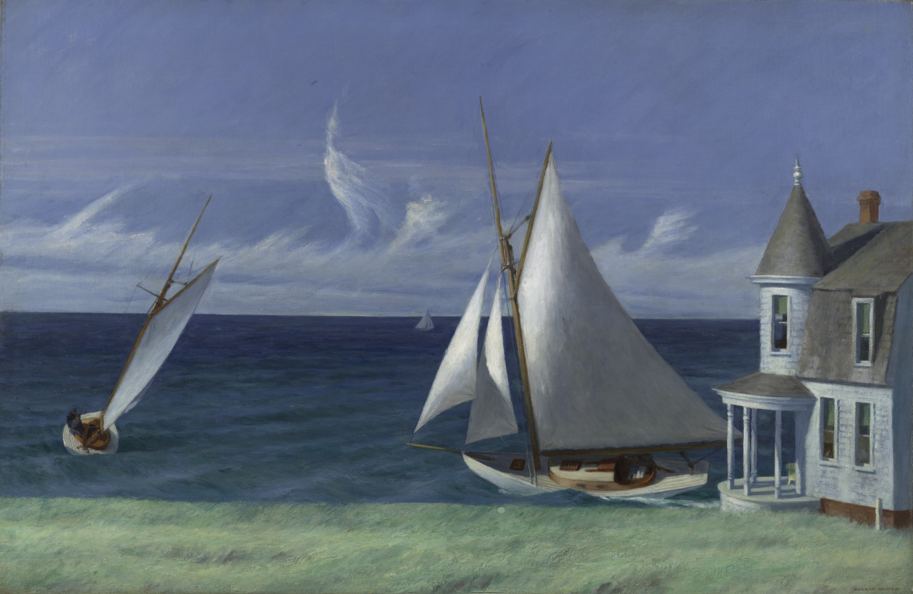 Edward Hopper, The Lee Shore: two sailboats heeling in a stiff wind off a grassy shore beside a shingled seaside house with a turret