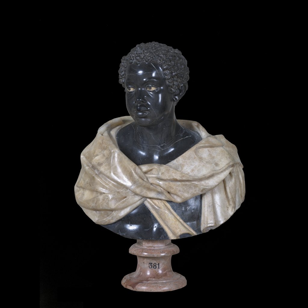 Bust of an Ethiopian Man, 17th-century Italian sculpture in black and coloured marble, against black