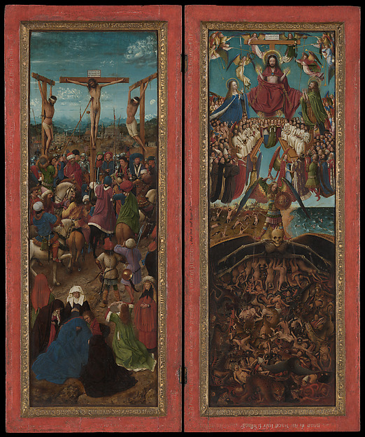 A two-panel devotional diptych: at left the Crucifixion with crowds beneath three crosses, at right the Last Judgment stacked in tiers above a skeletal figure of Death.