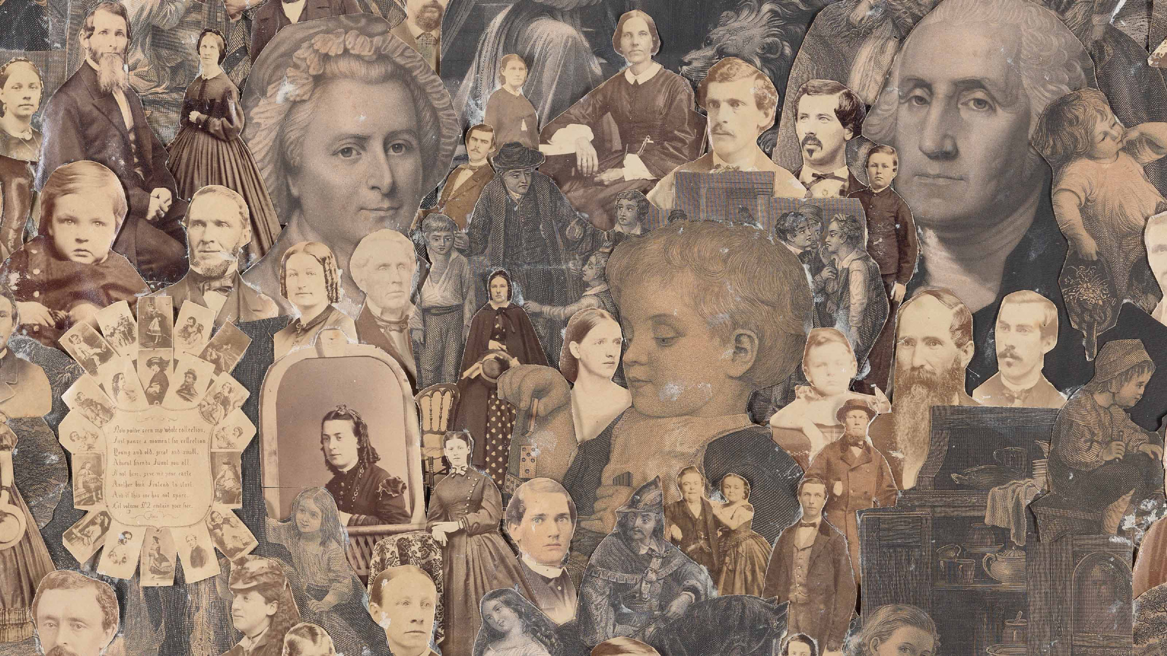 Untitled (George and Martha Washington), detail: a collage of cut-out nineteenth-century photographs and prints of faces, including George Washington
