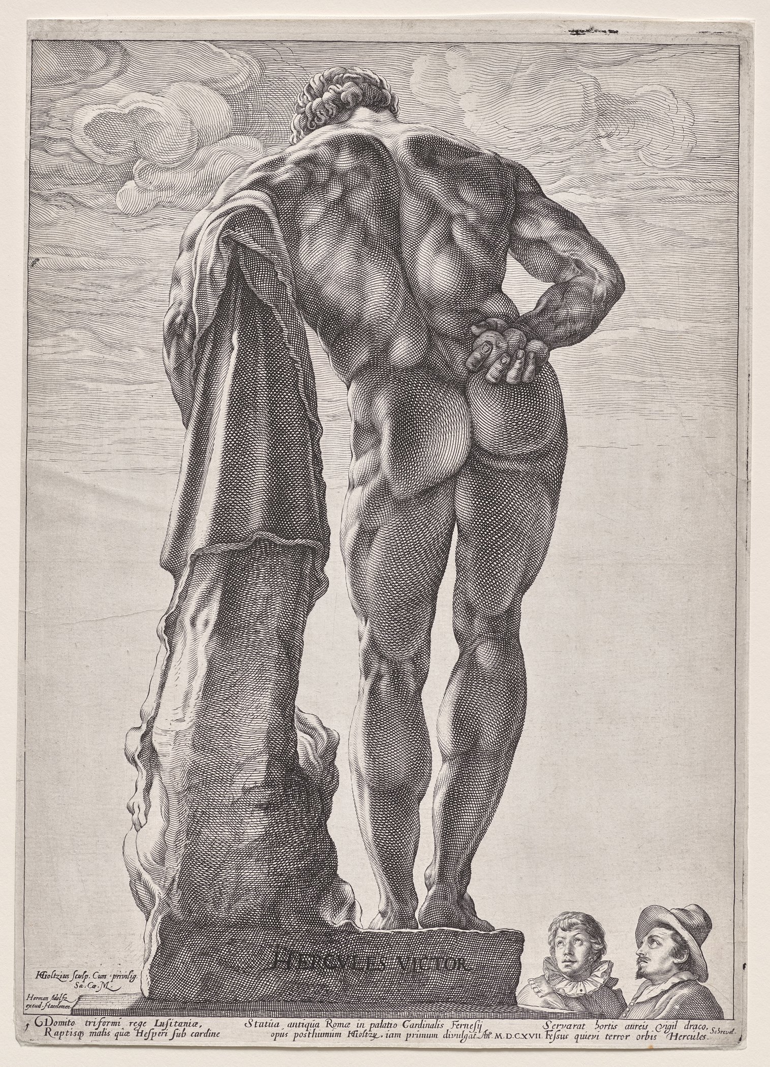 Goltzius engraving of the muscular Farnese Hercules seen from behind, with two onlookers below
