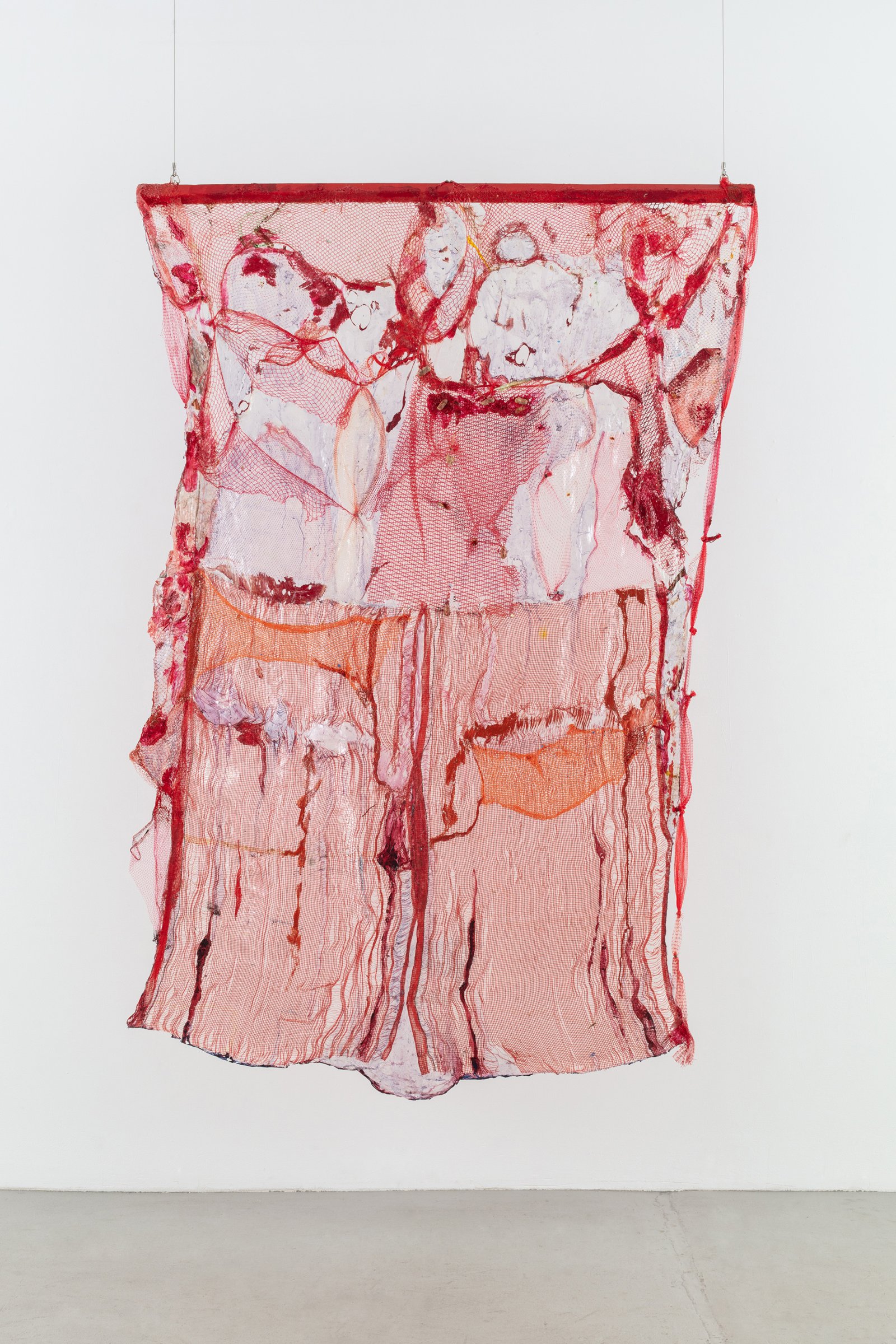 Suzanne Jackson, Crossing Ebenezer, 2017, a hanging acrylic work with netting and peanut shells