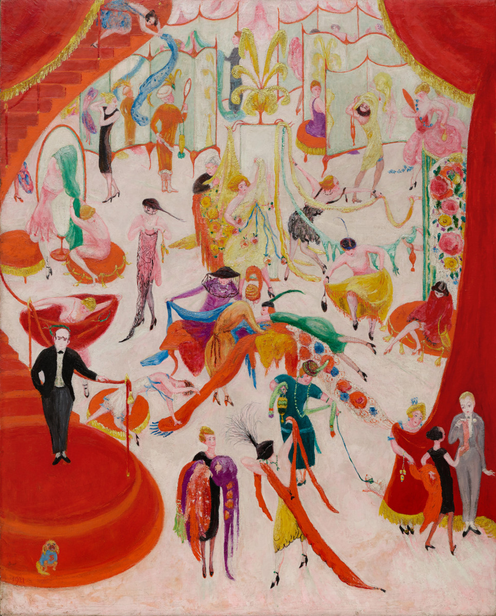 Florine Stettheimer, Spring Sale at Bendel's: shoppers in bright dresses swirl through a department store under red curtains