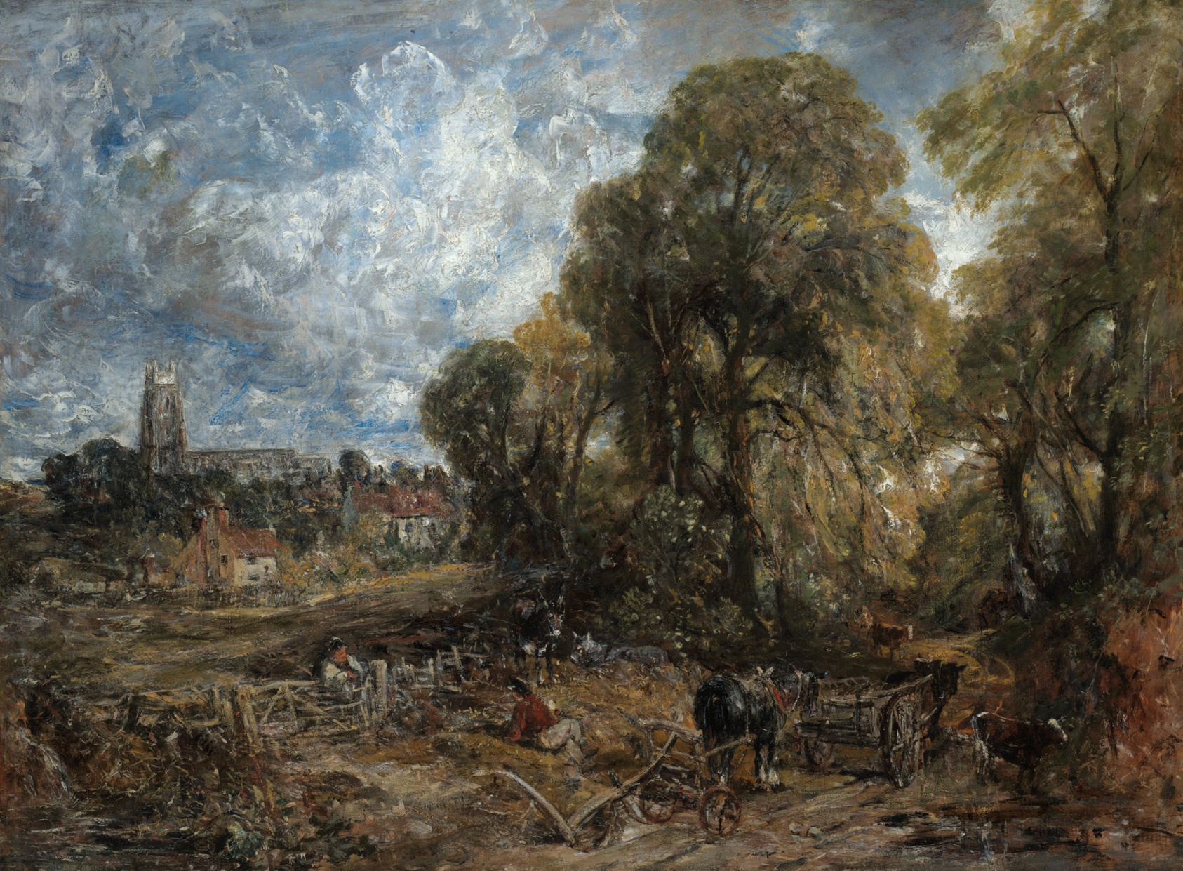 An English landscape with a church tower rising above dense summer trees, a hay wagon and figures in the sunlit field below, painted with flickering strokes and flecks of white.