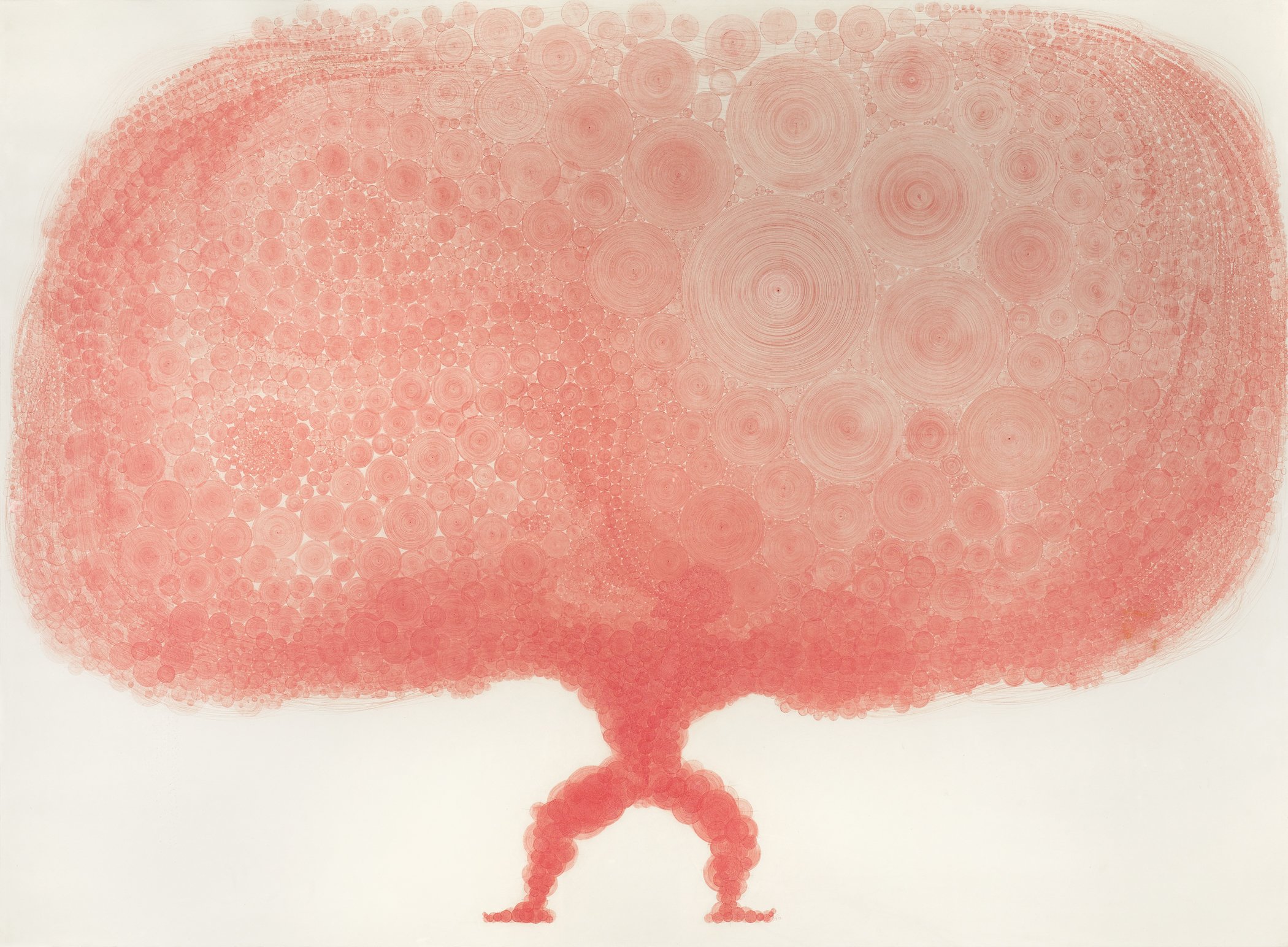 Do Ho Suh drawing of a red-pink cloud of tiny figures balanced on a pair of legs