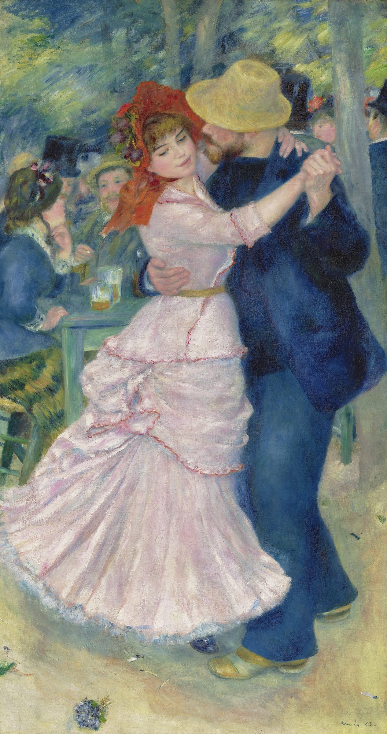 Pierre-Auguste Renoir, Dance at Bougival, 1883, a couple dancing outdoors, the woman in a red bonnet