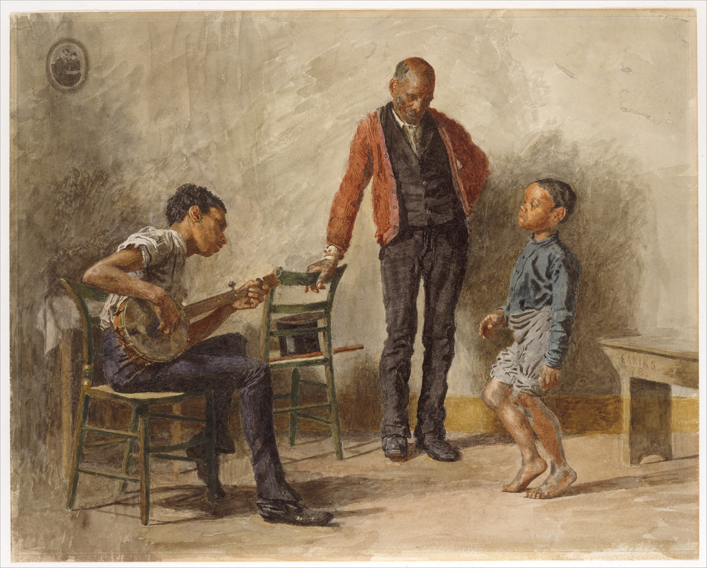 A watercolour of three figures in a bare room: a young man seated playing a banjo, an older man standing and beating time, and a barefoot boy dancing in front of them.