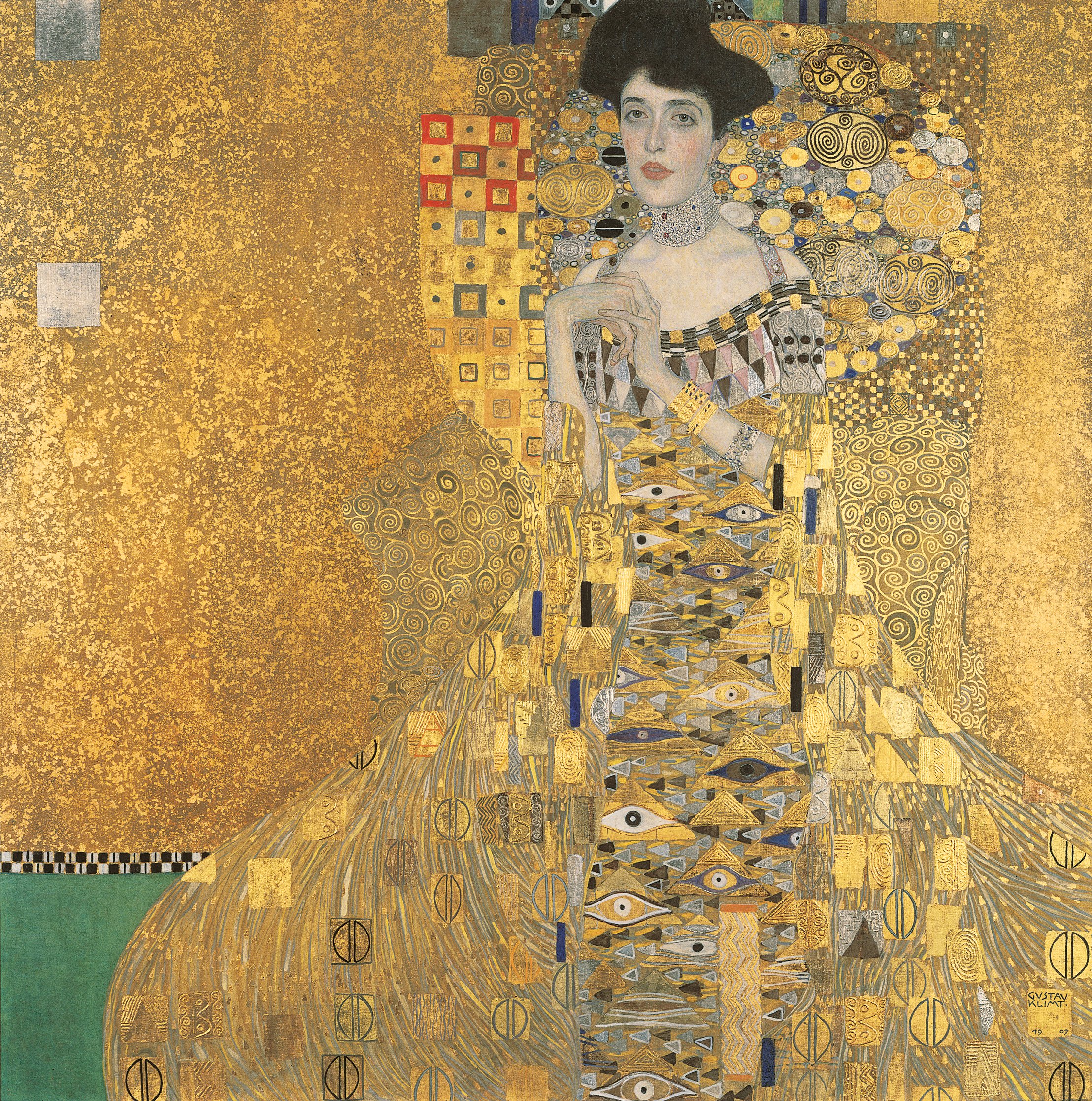 Gustav Klimt, Portrait of Adele Bloch-Bauer I, 1907, a woman in a gold patterned gown against a gold ground
