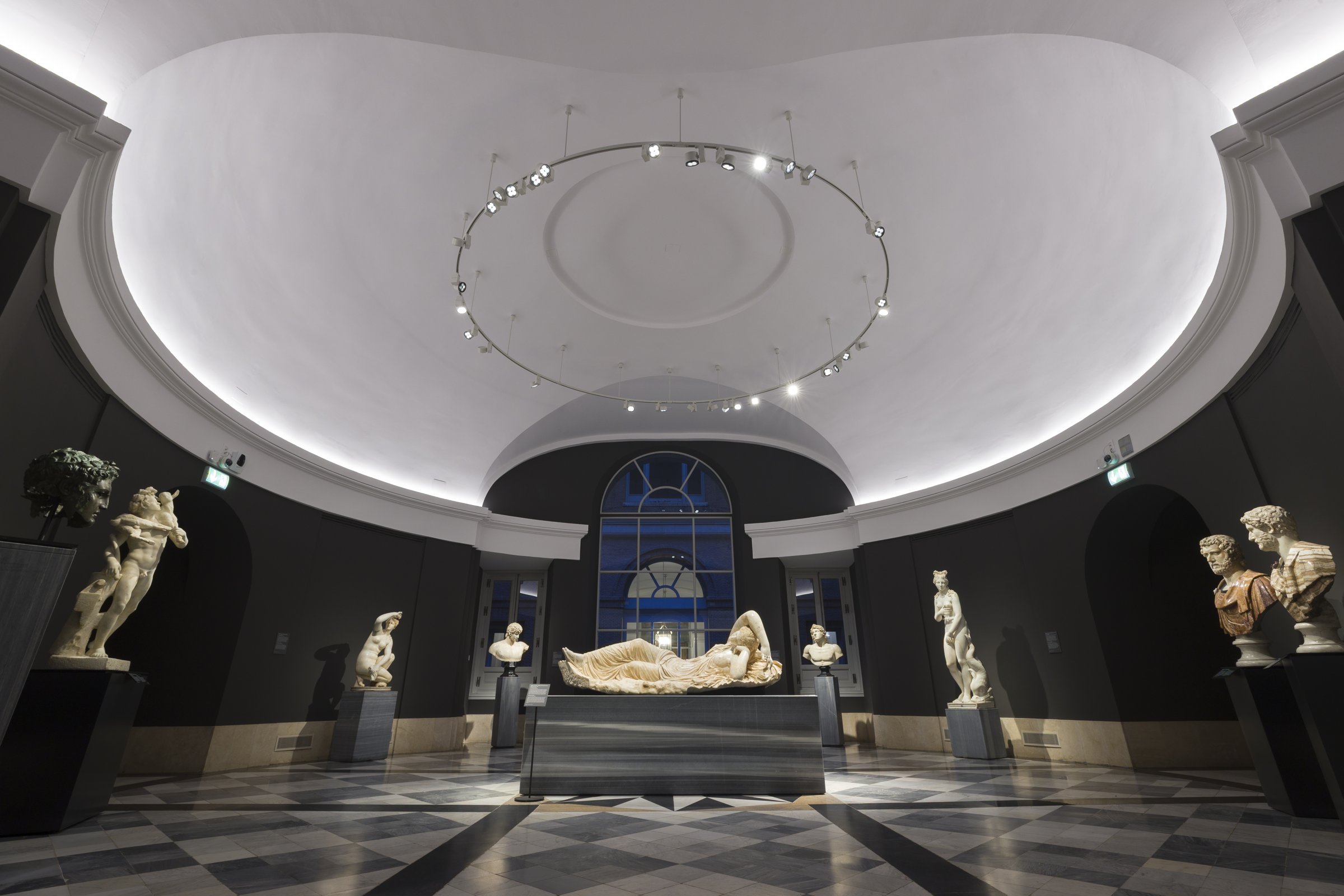 Room 74 at the Museo del Prado, wide view of the domed sculpture gallery