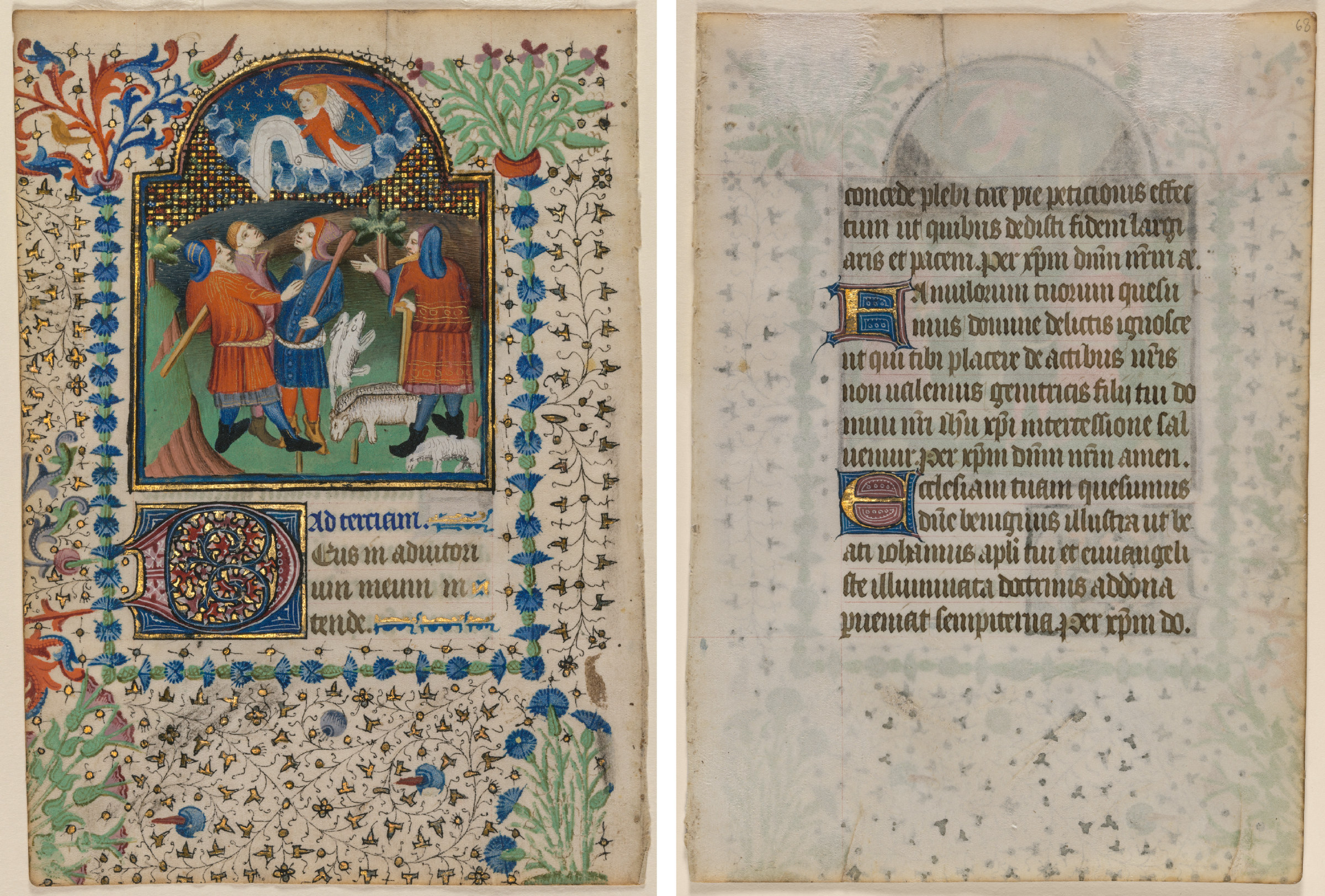 An opened manuscript bifolio: on the left a small framed miniature of figures in a landscape set into a border of gold ivy leaves and coloured flowers, on the right a page of Latin text with an illuminated initial.