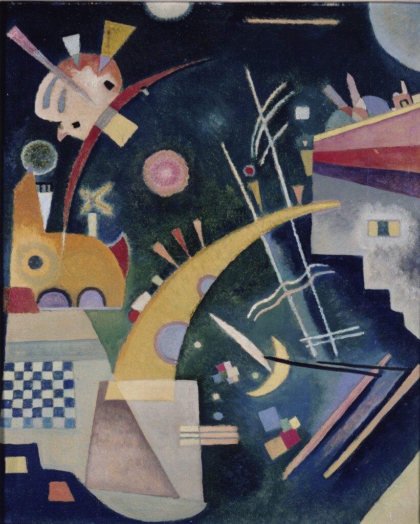 Wassily Kandinsky, Hornform, 1924 — abstract geometric composition with a curved horn shape and floating shapes, from the Frihedens Fald exhibition