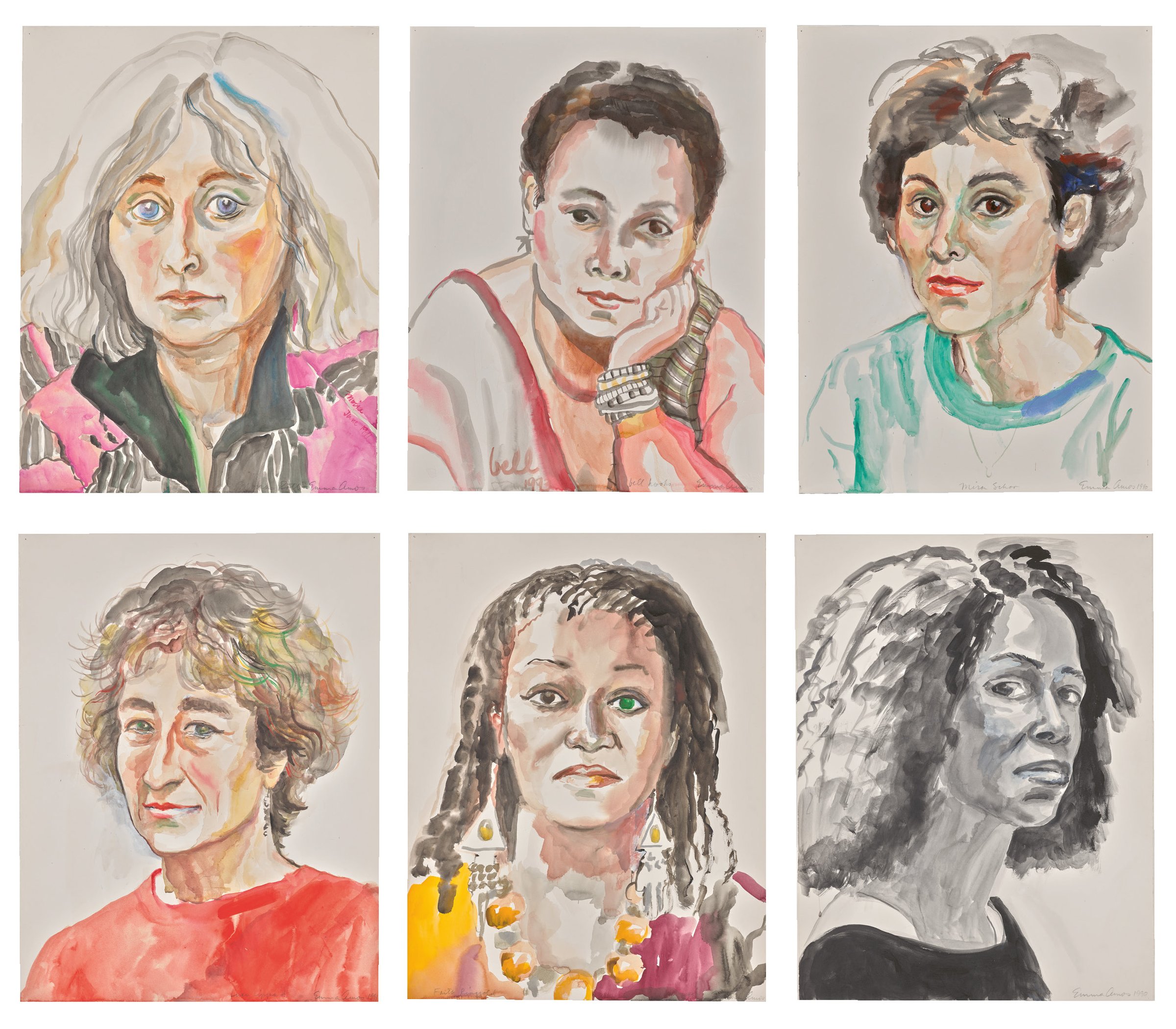 Six of Emma Amos watercolor portraits from The Gift arranged in a two-row grid