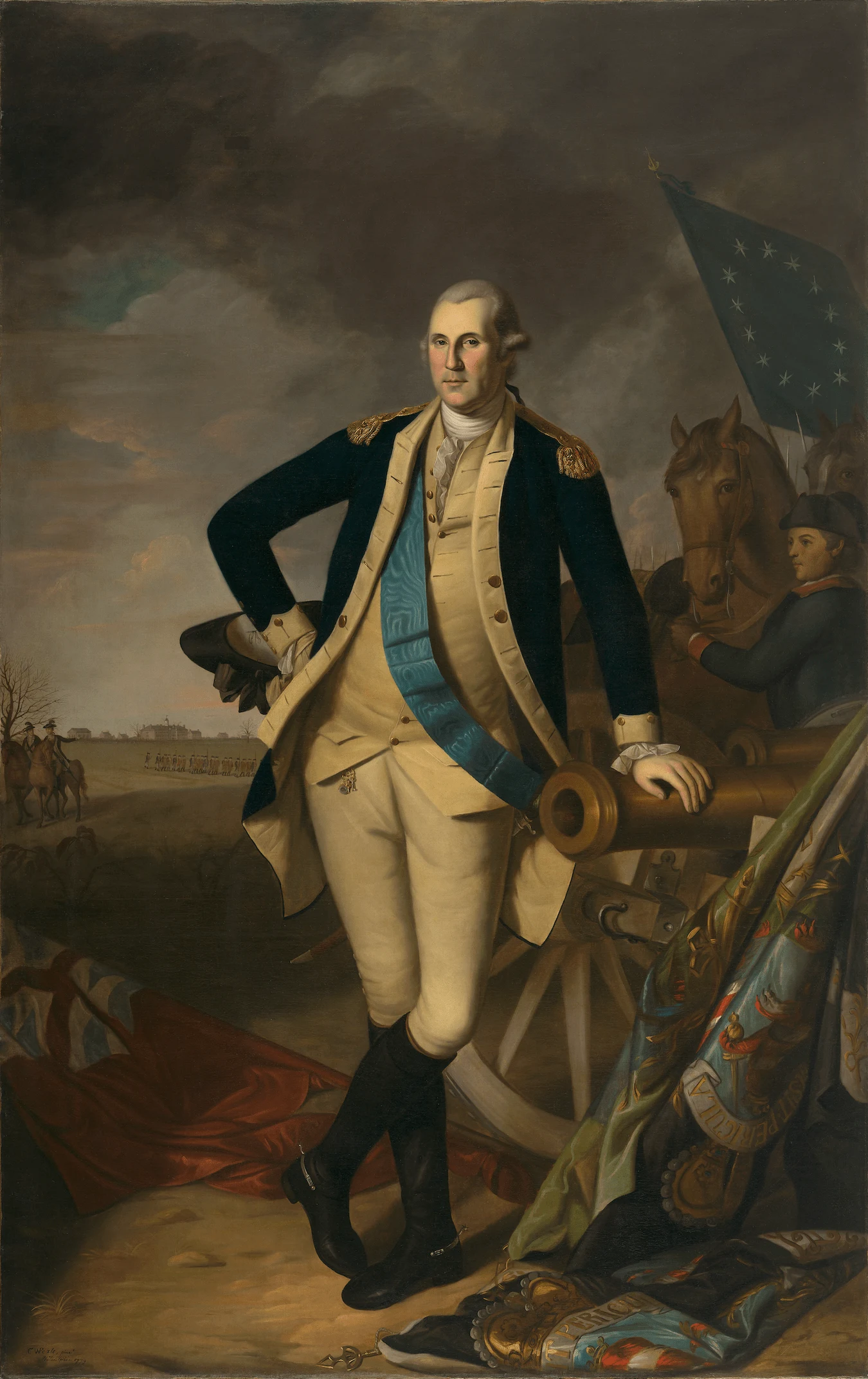 Charles Willson Peale, George Washington at Princeton: Washington in a blue and buff uniform leaning on a cannon, with a flag and troops behind him