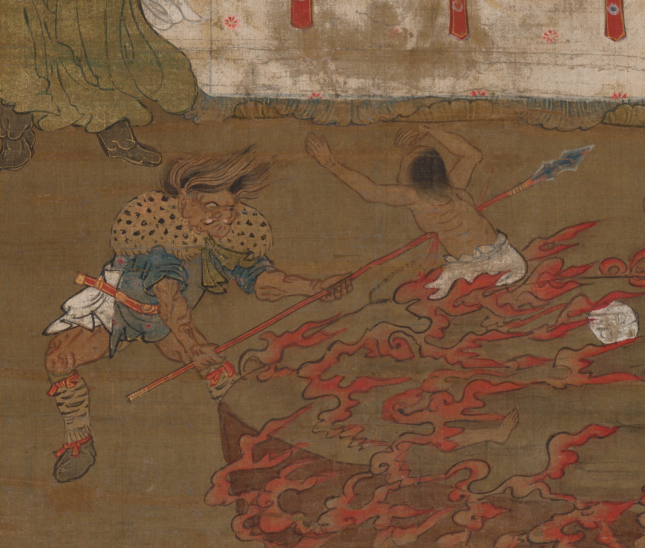 Detail of a medieval Korean scroll painting: demons drive sinners through red flames before a seated judge of hell