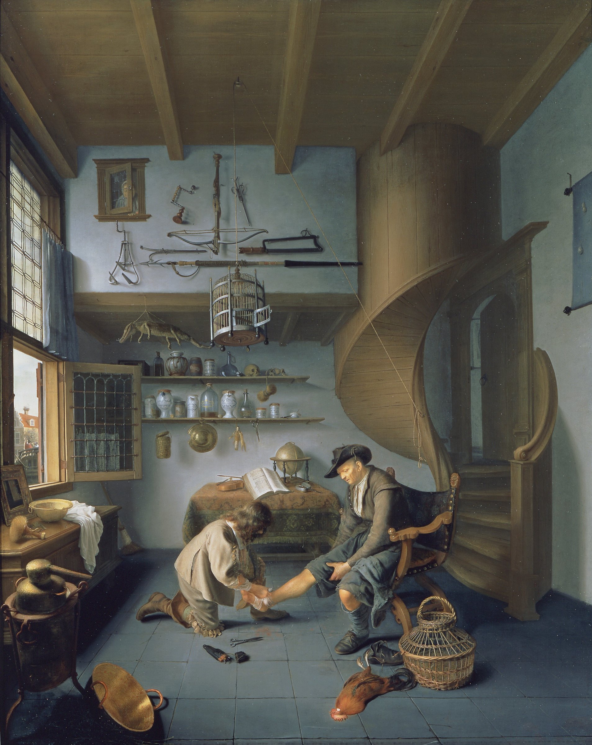 Isaak Koedijk, The Barber-Surgeon: a barber-surgeon tending a patient in a tall room with a spiral staircase