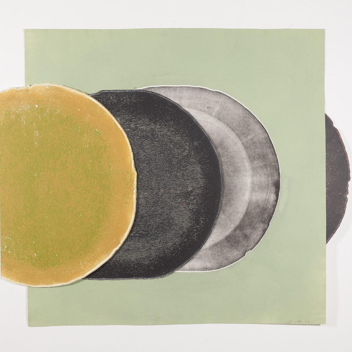 El Anatsui, Sage and Charcoal Eclipse: overlapping discs in ochre, black and grey on a pale green sheet