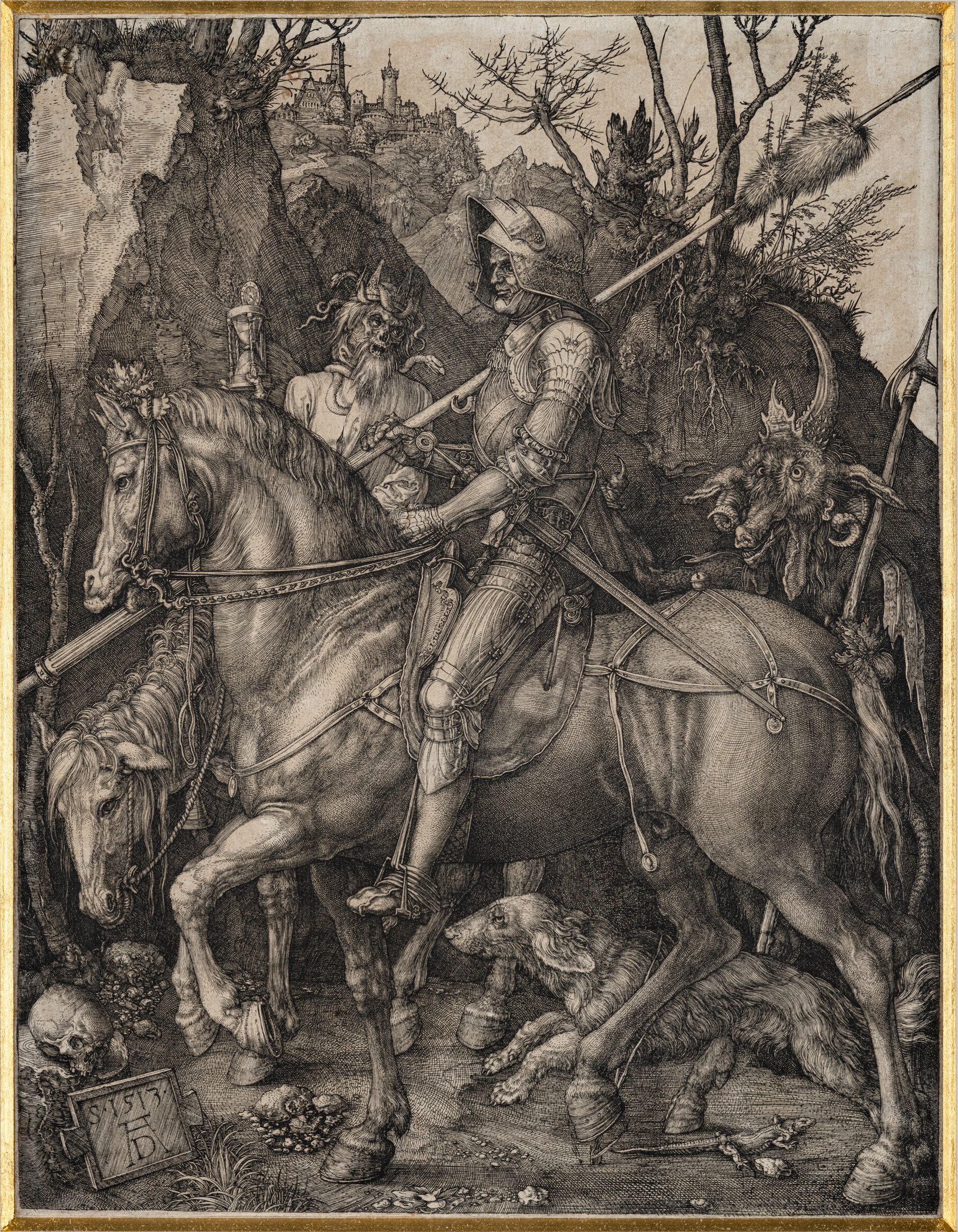 Albrecht Dürer, Knight, Death and Devil: an armored knight on horseback accompanied by Death and a devil
