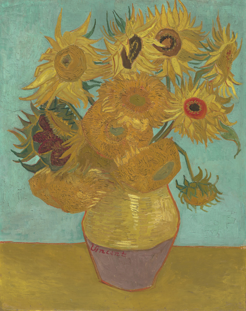 Vincent van Gogh, Sunflowers, 1889: sunflowers in a yellow pot against a pale blue-green background