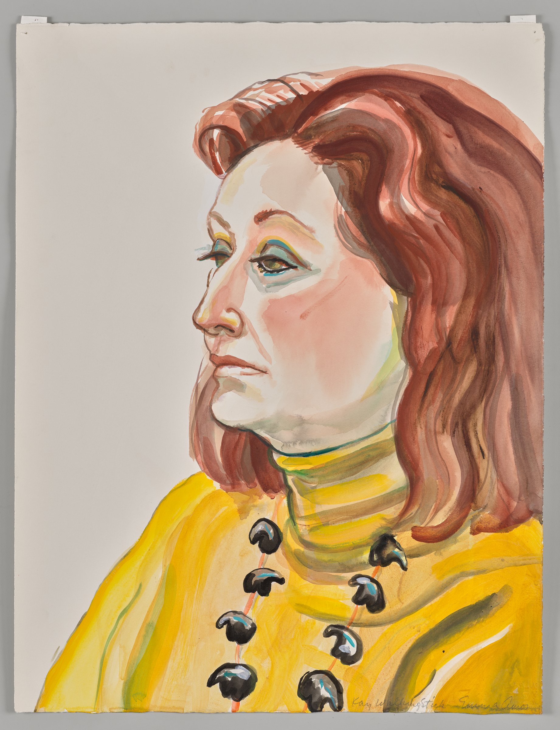 Emma Amos watercolor portrait of Kay WalkingStick in profile wearing a yellow turtleneck