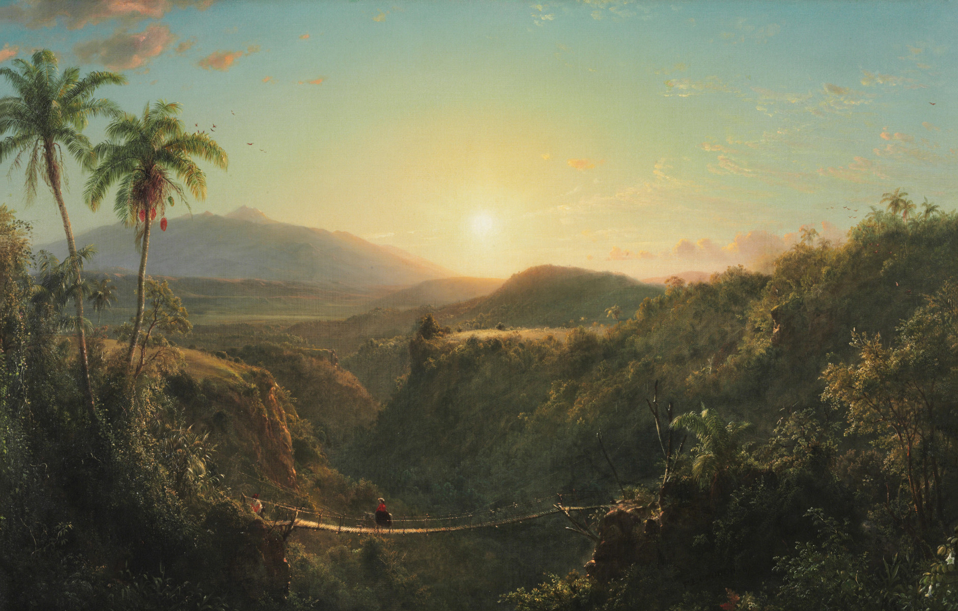 Frederic Edwin Church, Pichincha: the sun low over a green Andean valley, with palm trees in the foreground and a mountain in haze
