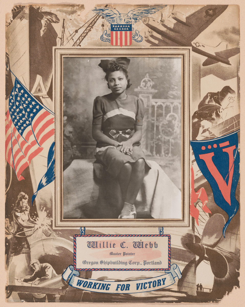 Working for Victory certificate for Willie C. Webb: a studio portrait of a young woman framed by American flags, a V and wartime imagery