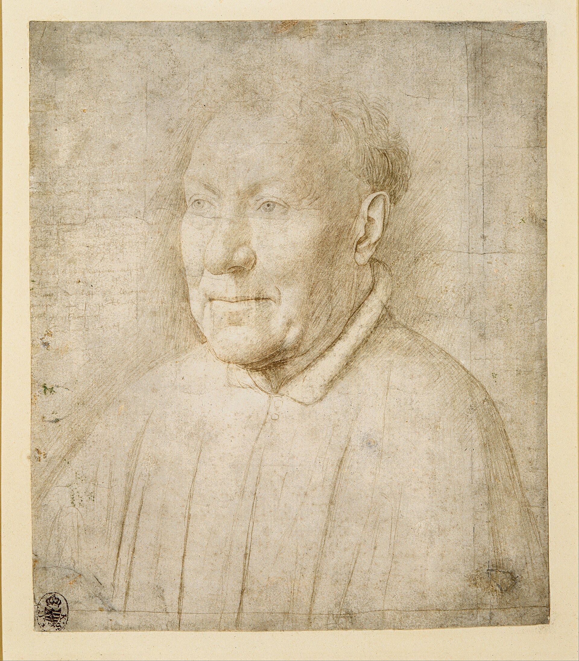 A silverpoint drawing on prepared paper: the head and shoulders of an elderly, heavy-jowled cleric in three-quarter view, drawn in fine grey line with the artist's written colour notes in the margin.