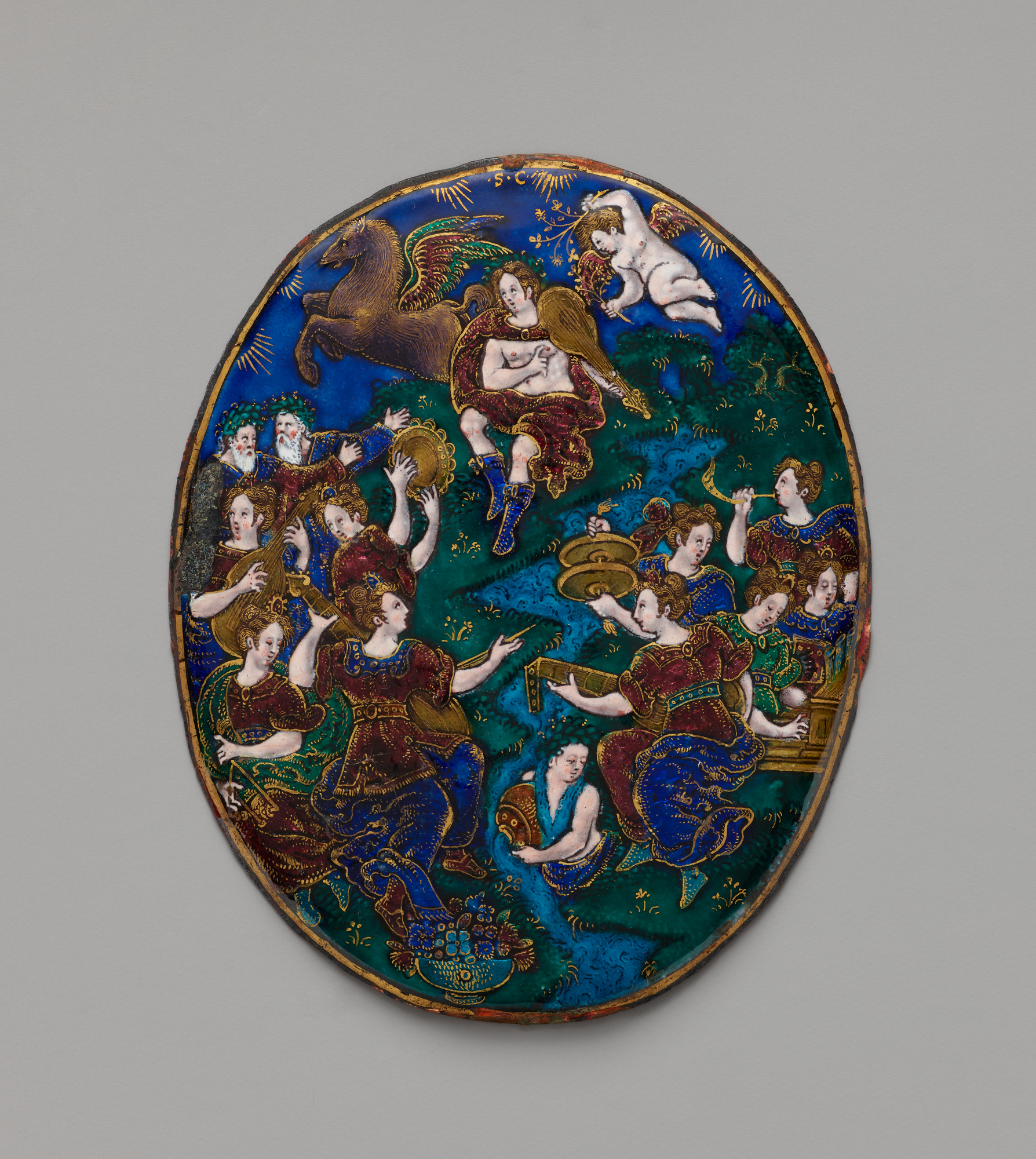 An oval enamel medallion on copper, richly coloured and parcel-gilt, showing Apollo seated among the Muses in a landscape.