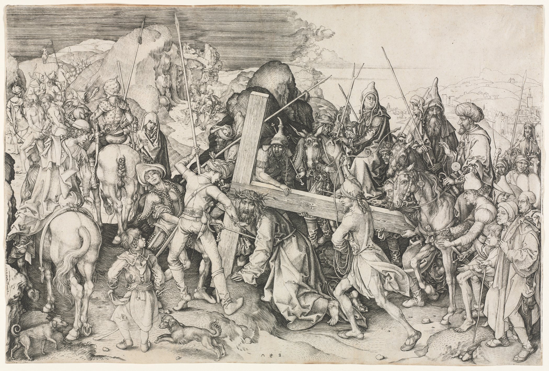 Schongauer engraving of a crowded procession with Christ fallen beneath the cross