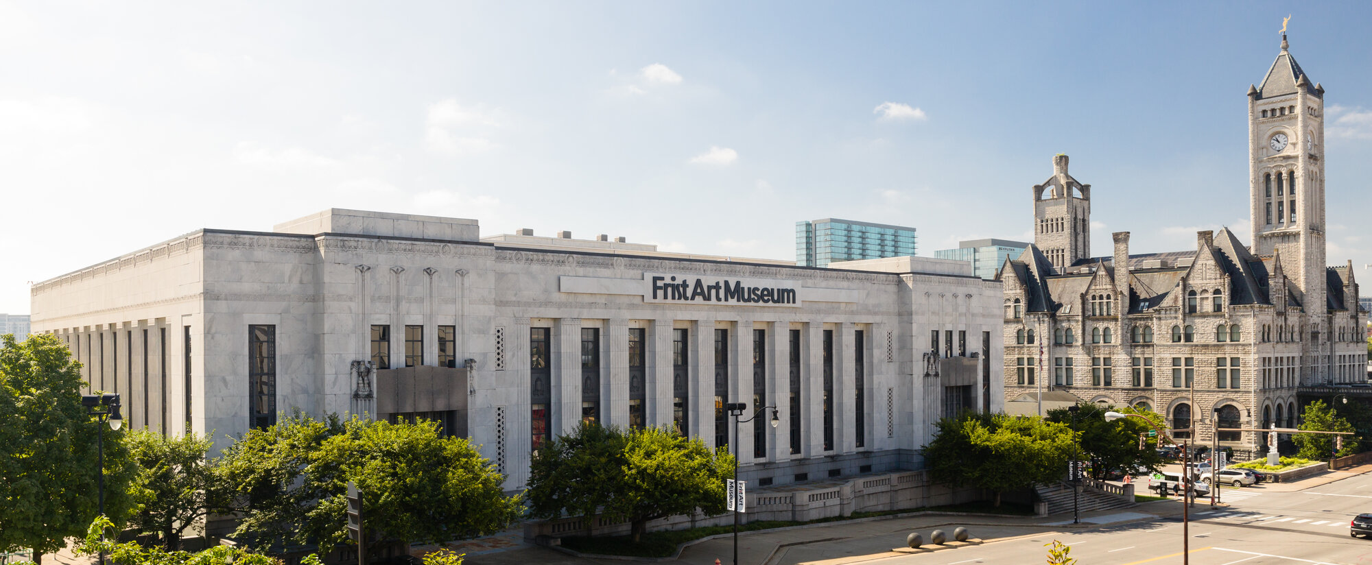 Wide view of the Frist Art Museum building along Broadway