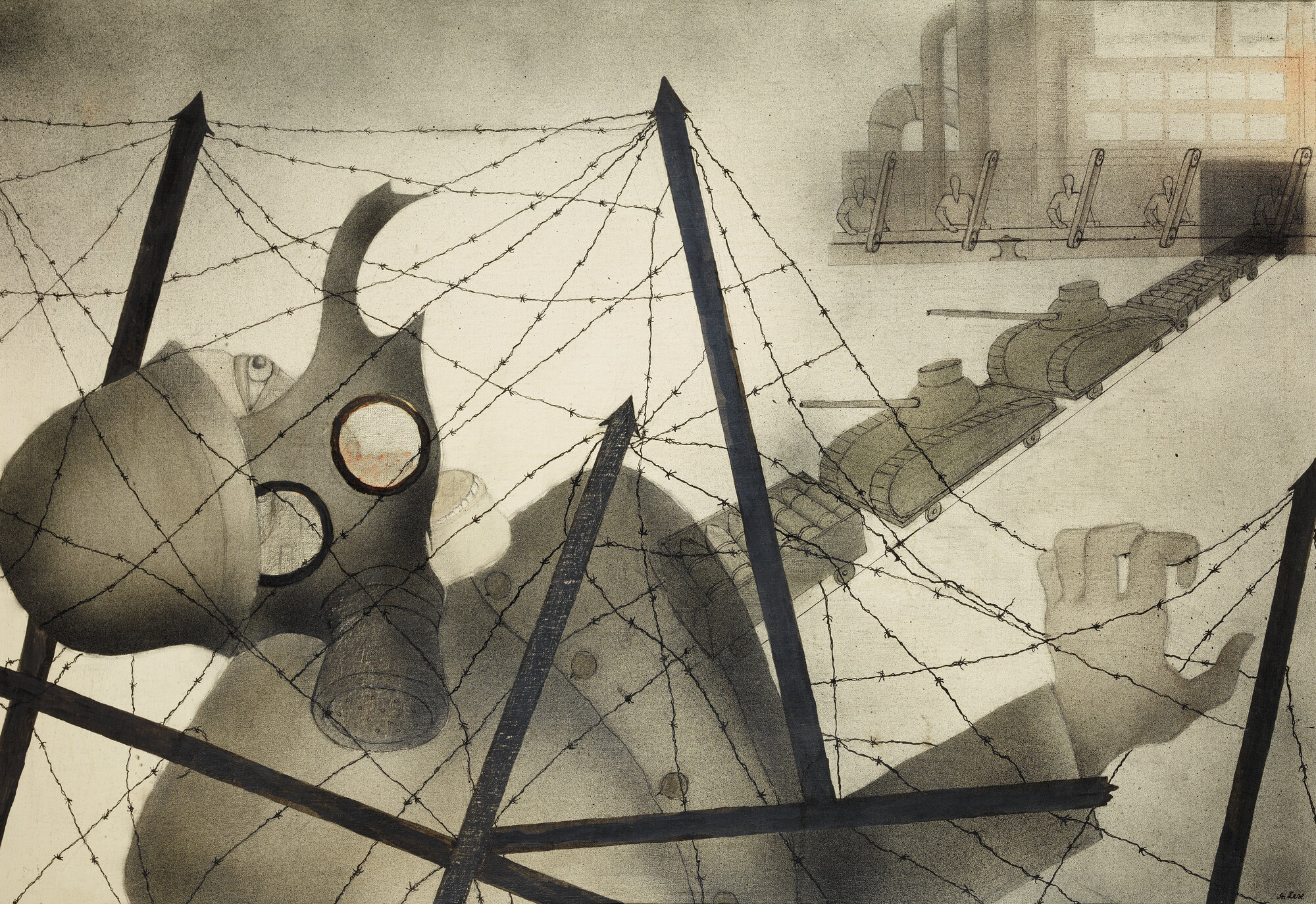 Alice Lex-Nerlinger, Field Grey Creates Dividends, 1931/1961 — photomontage of a gas-masked figure entangled in barbed wire, from the Frihedens Fald exhibition