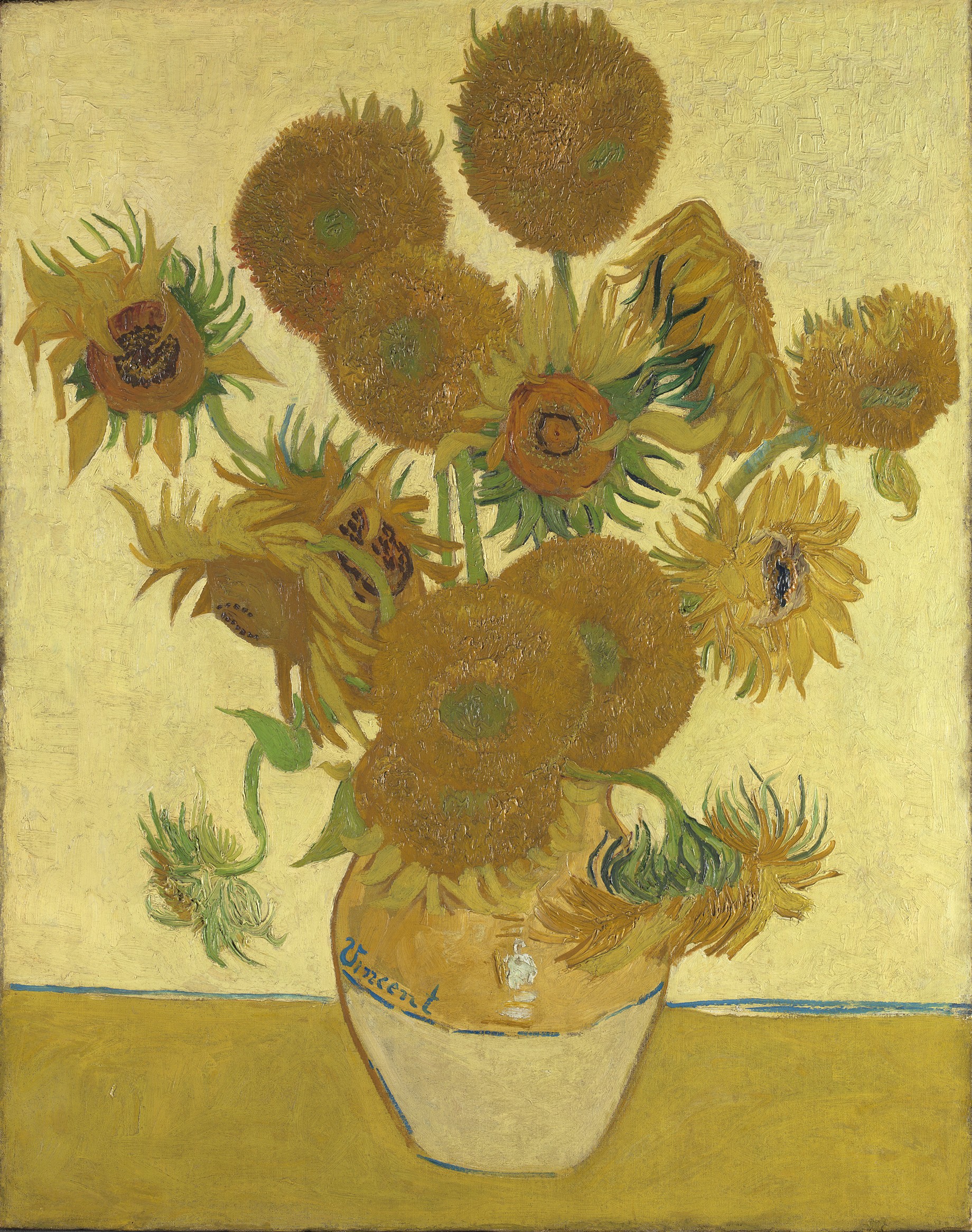 Vincent van Gogh, Sunflowers, 1888: sunflowers in a pot against a yellow background